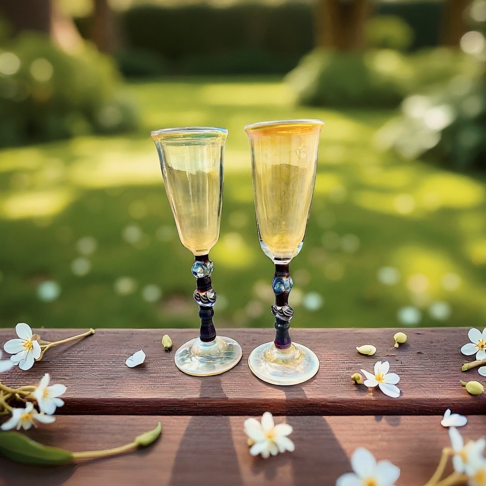 Vintage Hand-blown Elegant Glass Champagne Flutes with Blue and Gold Accents